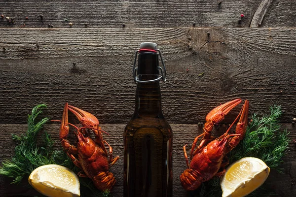 Vista dall'alto di aragoste rosse, aneto, fette di limone e bottiglia con birra sulla superficie di legno — Foto stock