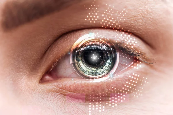 Close up view of human green eye with data illustration, robotic concept — Stock Photo