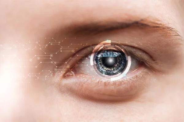 Visão de perto do olho humano com ilustração de dados, conceito robótico — Fotografia de Stock