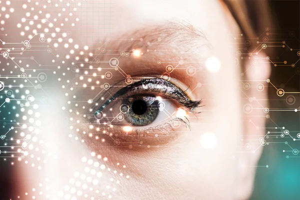 Close up view of human eye with data illustration, robotic concept — Stock Photo