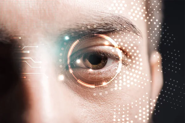 Close up view of man eye with data illustration, robotic concept — Stock Photo