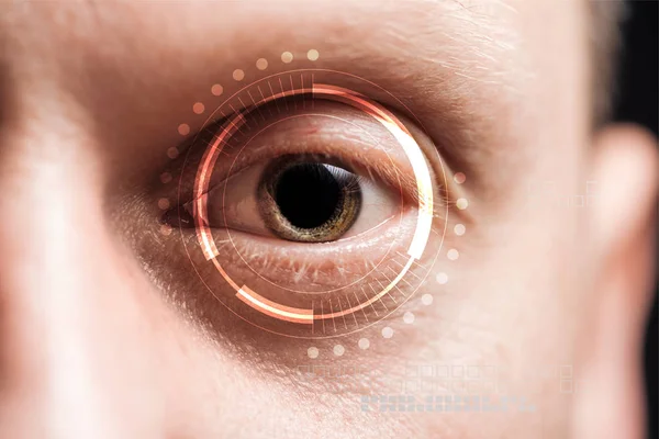 Vista cercana del ojo humano con ilustración de datos, concepto robótico - foto de stock