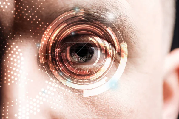 Close up view of human eye with data illustration, robotic concept — Stock Photo