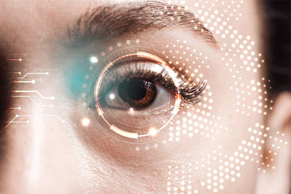 Close up view of human eye with data illustration, robotic concept — Stock Photo