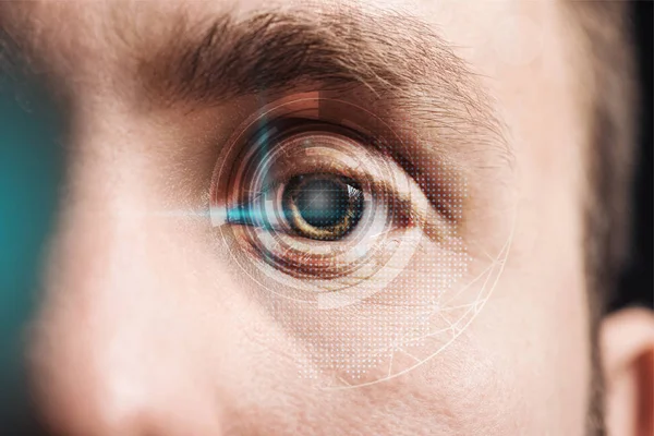 Visão de perto do olho humano com ilustração de dados, conceito robótico — Fotografia de Stock