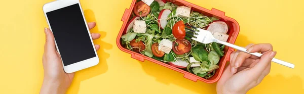 Cropped view of woman holding smartphone and fork in hands near lunch box with salad — Stock Photo