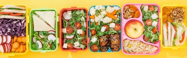 Panoramic shot of lunch boxes with food — Stock Photo