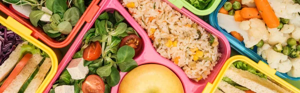 Panoramic shot of lunch boxes with food — Stock Photo