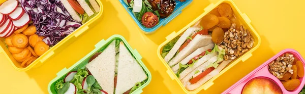 Panoramic shot of lunch boxes with food — Stock Photo