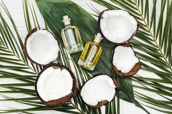Vista superior de óleo de coco em garrafas em folhas de palma verde na superfície de madeira branca — Fotografia de Stock