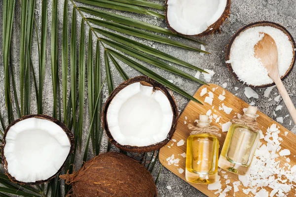 Vista superior de óleo de coco em garrafas em placa de madeira em fundo texturizado cinza com folha de palma e cocos — Fotografia de Stock