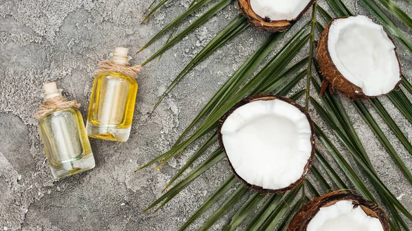 Top view of coconut oil in bottles on grey textured background with palm leaf and cracked coconuts — Stock Photo