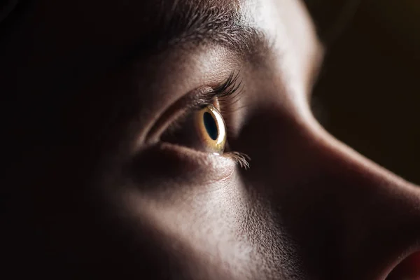 Close up view of young woman eye with eyelashes and eyebrow looking away in darkness — Stock Photo