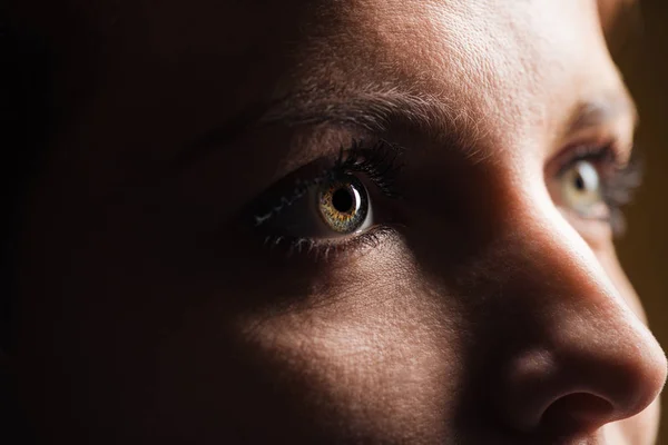 Vista de cerca de ojo de mujer adulta con pestañas y cejas mirando en la oscuridad - foto de stock