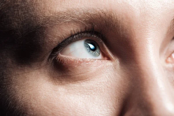 Vista da vicino della giovane donna occhio grigio guardando altrove — Foto stock