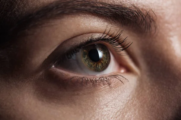 Close up view of young woman green eye looking away — Stock Photo