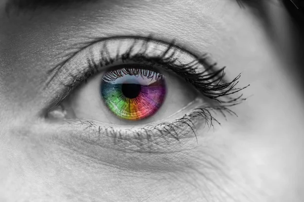 Preto e branco tiro de olho de arco-íris colorido humano — Fotografia de Stock