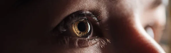 Close up view of human bright eye looking away in darkness, panoramic shot — Stock Photo