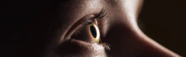 Close up view of human eye in darkness, panoramic shot — Stock Photo