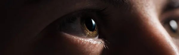 Close up view of human brown eye looking away in dark, panoramic shot — Stock Photo