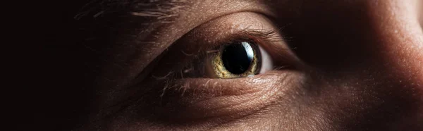 Close up view of human eye looking away in dark, panoramic shot — Stock Photo