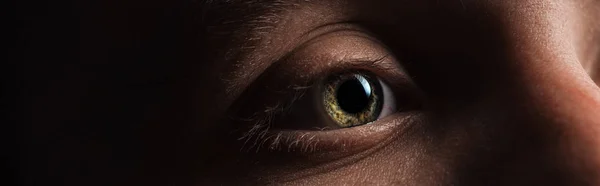 Vista de perto do olho verde humano olhando para longe em escuro, tiro panorâmico — Fotografia de Stock