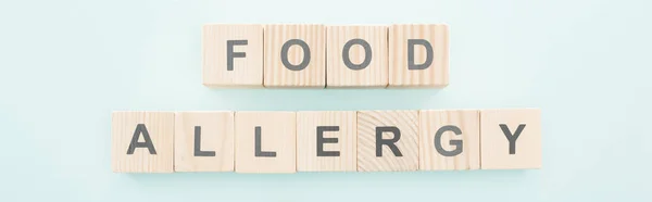 Panoramic shot of wooden blocks with words food allergy on blue — Stock Photo