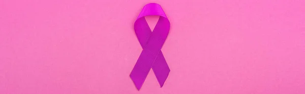 Panoramic shot of purple ribbon isolated on pink — Stock Photo