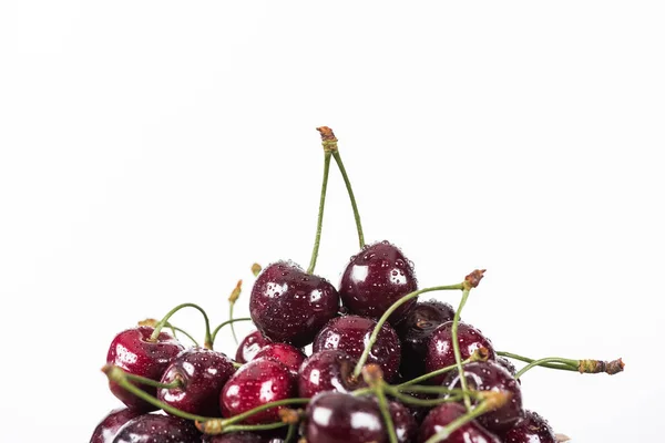 Red, fresh, whole and ripe cherries covered with water drops — Stock Photo
