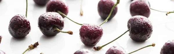 Panoramic shot of fresh, sweet, red and ripe cherries covered with droplets — Stock Photo