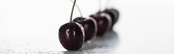 Plano panorámico de cerezas frescas, dulces, rojas y maduras cubiertas de gotitas - foto de stock