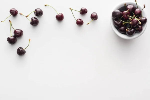 Верхний вид на сладкие и свежие вишни на чаше на белом фоне — стоковое фото