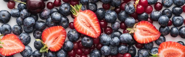 Tiro panorâmico de cranberries vermelhas, frescas e maduras, morangos cortados e mirtilos inteiros — Fotografia de Stock