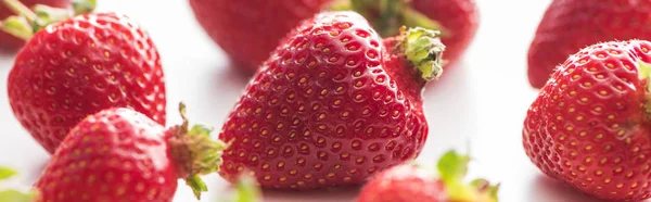 Plano panorámico de fresas frescas y maduras sobre fondo blanco - foto de stock
