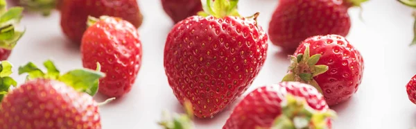 Plano panorámico de fresas frescas y maduras sobre fondo blanco - foto de stock