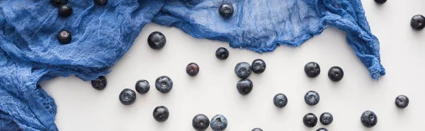 Plano panorámico de arándanos frescos y maduros con tela azul - foto de stock