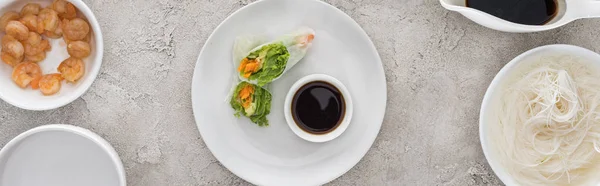Panoramic shot of tasty and served spring rolls with soy sauce on white plate — Stock Photo