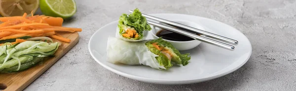 Panoramic shot of tasty and served spring rolls with soy sauce on white plate with metal sticks — Stock Photo