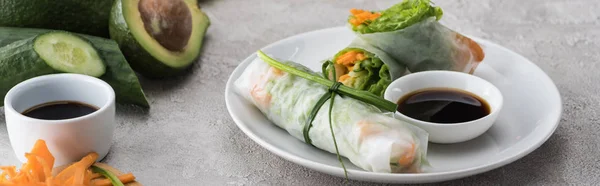 Panoramic shot of tasty and served spring rolls with soy sauce on white plate — Stock Photo