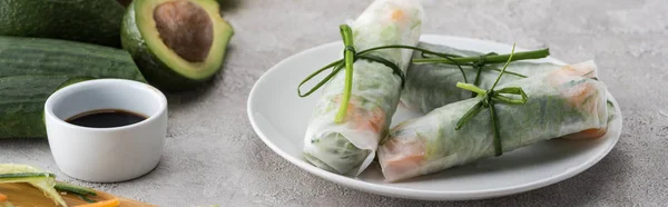 Panoramic shot of tasty and served spring rolls with soy sauce on white plate — Stock Photo