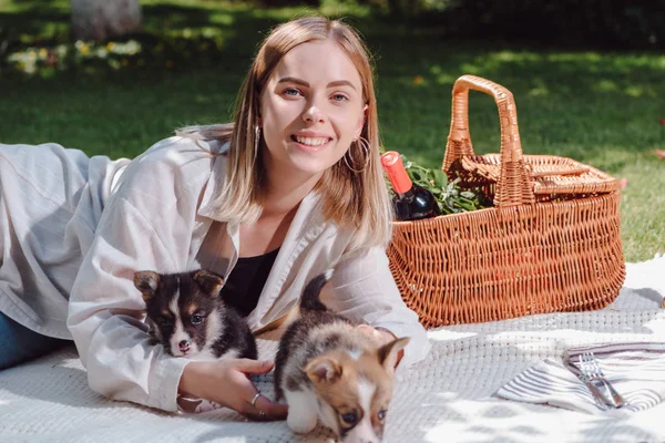 Улыбающаяся привлекательная блондинка сидит на белом одеяле в саду с милыми валлийскими щенками — стоковое фото