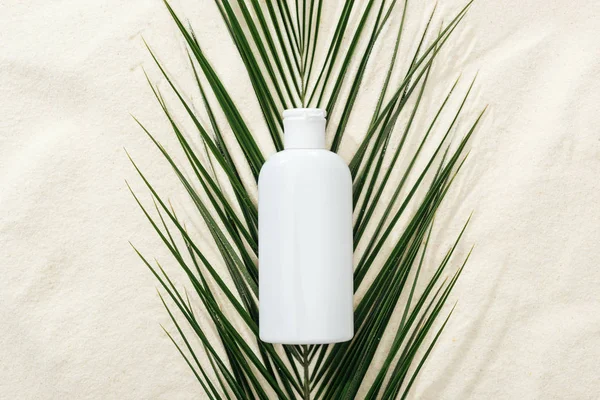 White sunscreen lotion on green palm leaf on sand — Stock Photo