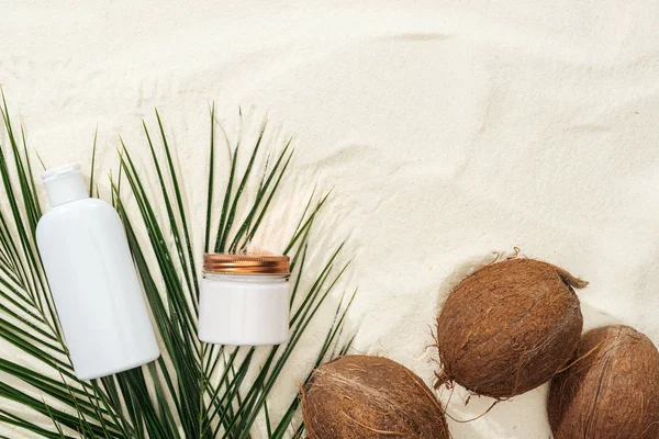 Vista superior de hojas de palma, cocos y cosméticos sobre arena - foto de stock