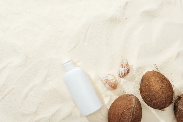Vista dall'alto di conchiglie, noci di cocco e crema solare sulla sabbia — Foto stock