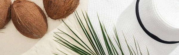 Vista dall'alto di foglia di palma, noci di cocco e cappello di paglia bianca su sabbia, colpo panoramico — Foto stock