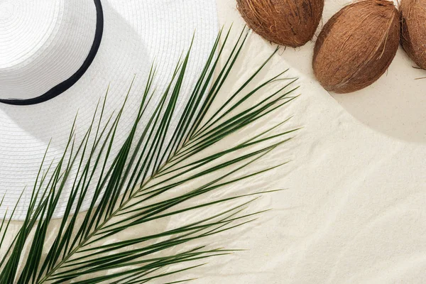 Vista superior de cocos, hoja de palma y sombrero de paja blanco sobre arena - foto de stock