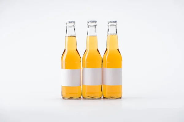 Bottles of beer with white blank labels on white background — Stock Photo