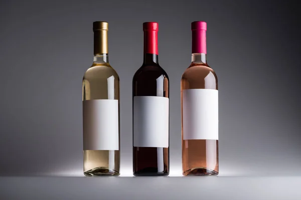 Bottles of white, red and rose wine with blank labels on grey background — Stock Photo