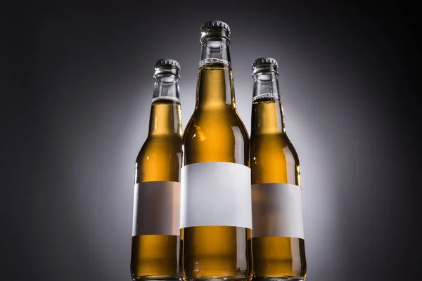 Baixo ângulo de visão de garrafas de vidro com cerveja e rótulos em branco no fundo escuro com luz traseira — Fotografia de Stock