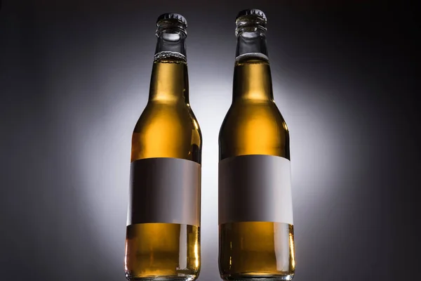 Vista en ángulo bajo de dos botellas de vidrio con cerveza y etiquetas en blanco en fila sobre fondo oscuro con luz de fondo - foto de stock